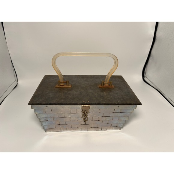 Handbags - Vintage Woven Metal Box Clutch with Lucite Handle | 1950s Evening Bag